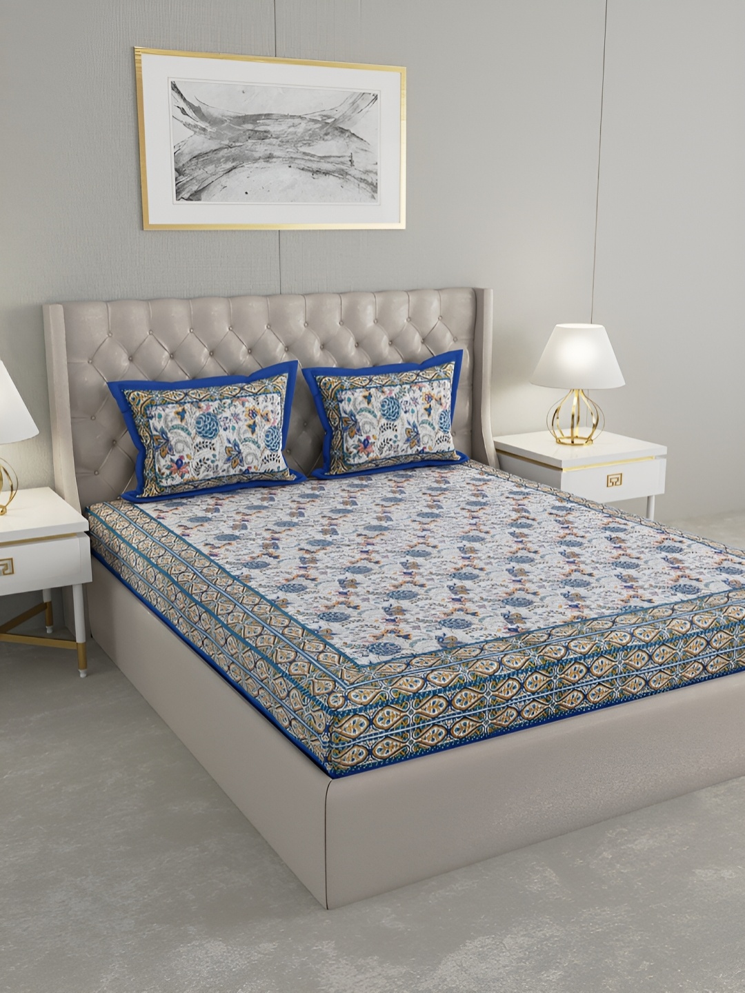 

PATRICKO White & Blue Floral Cotton 400 TC King Bedsheet with 2 Pillow Covers
