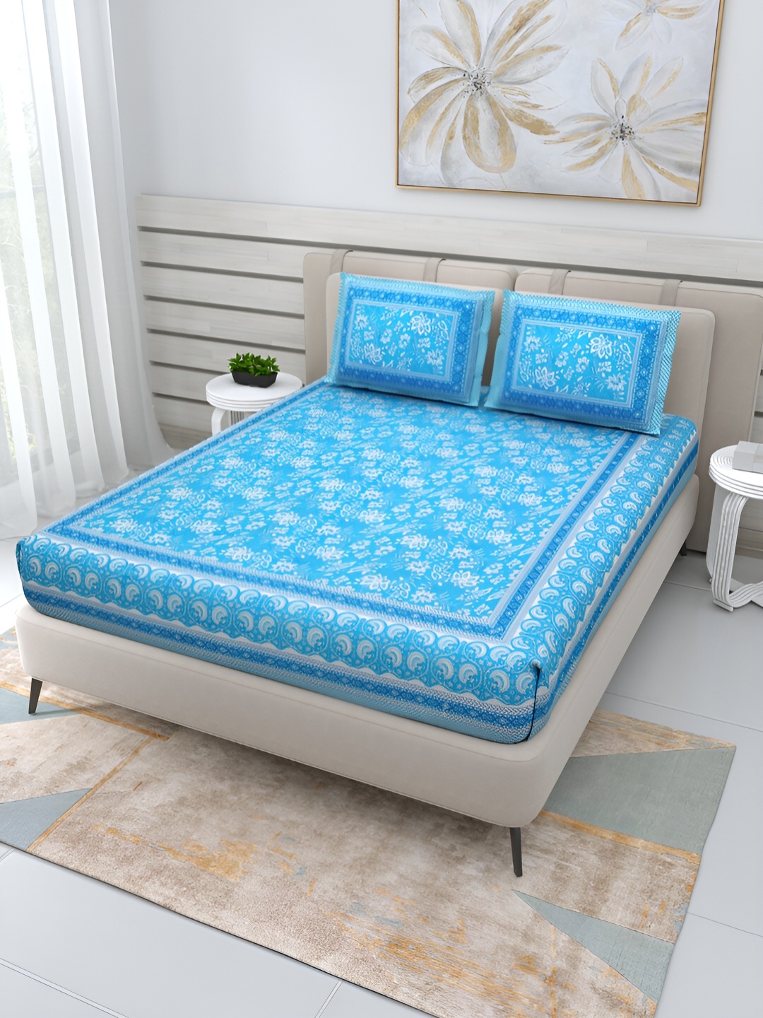 

PATRICKO Blue & White Floral Flat 210 TC Cotton Queen Bedsheet with 2 Pillow Covers