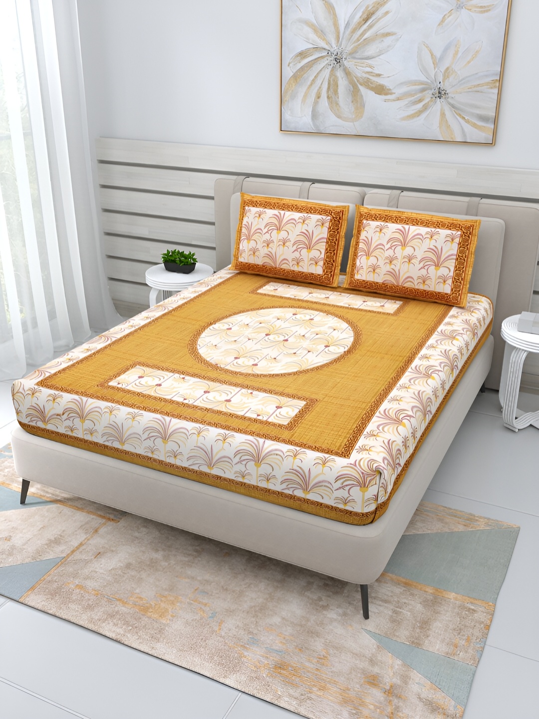 

PATRICKO Yellow & White Floral Printed 210 TC Queen Bedsheet with 2 Pillow Covers