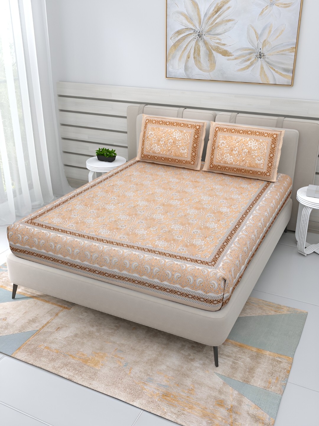 

PATRICKO Cream & White Floral 210 TC Cotton Queen Bedsheet With 2 Pillow Covers