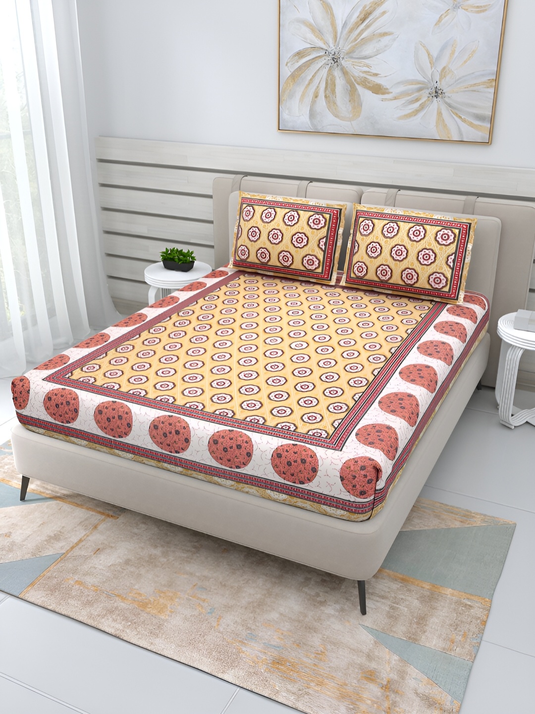 

PATRICKO Yellow & White Floral 210 TC Queen Bedsheet with 2 Pillow Covers