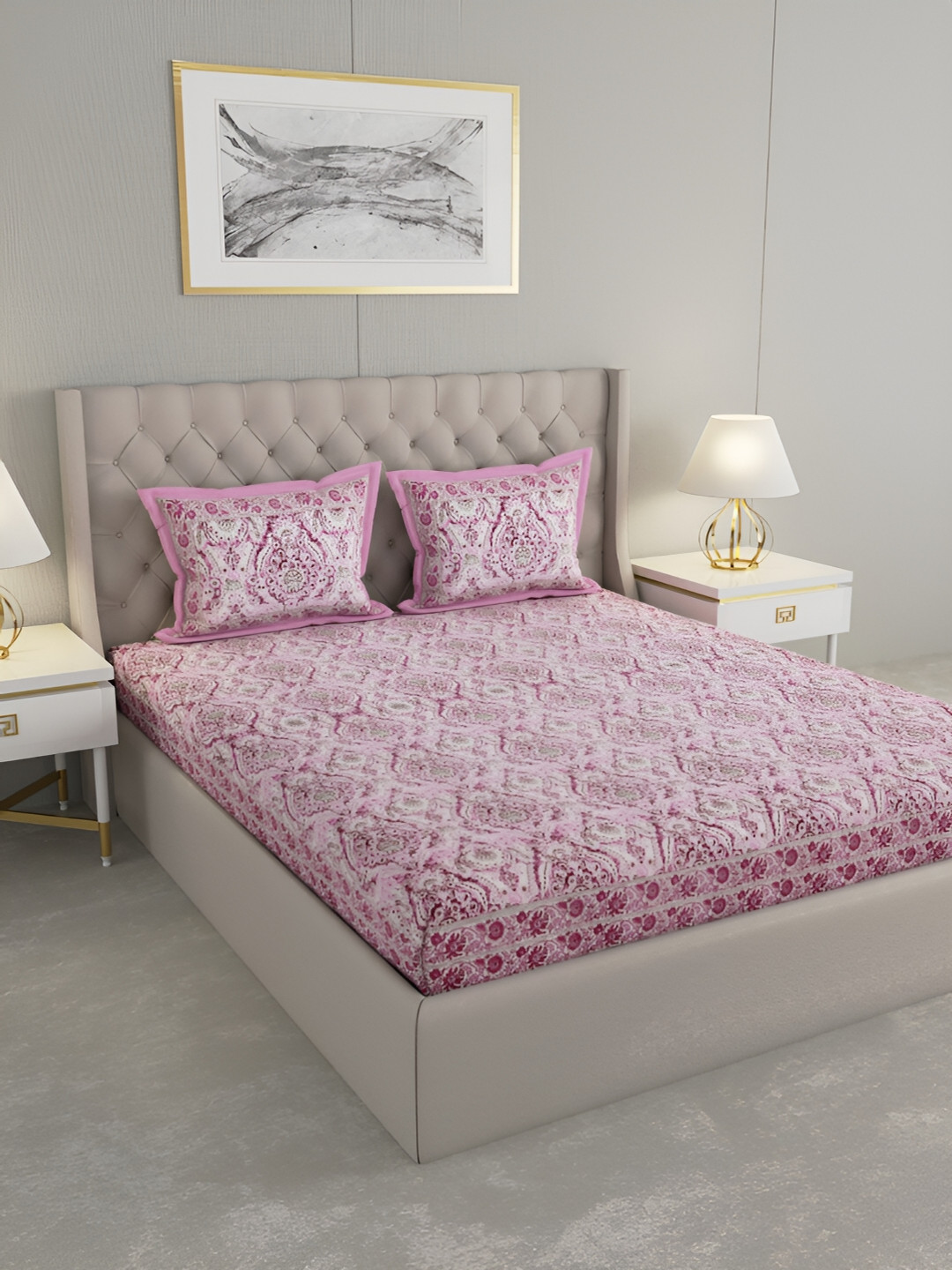 

PATRICKO Pink & White Floral 330 TC Pure Cotton King Bedsheet with 2 Pillow Covers