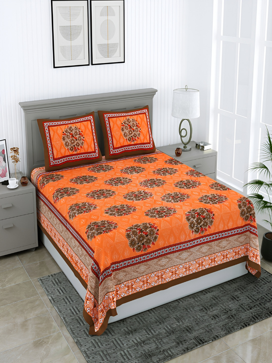 

PATRICKO Peach-Coloured & Brown Floral Cotton 210 TC Queen Bedsheet with 2 Pillow Covers