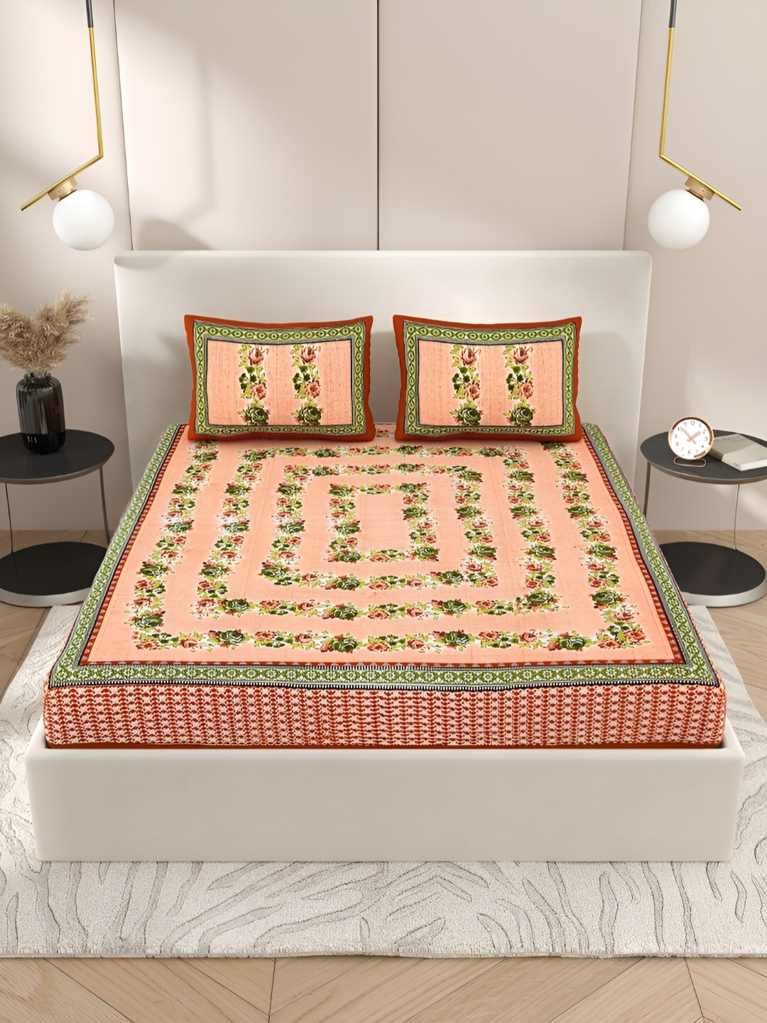 

PATRICKO Cream-Coloured & Green Floral 210 TC Queen Bedsheet with 2 Pillow Covers
