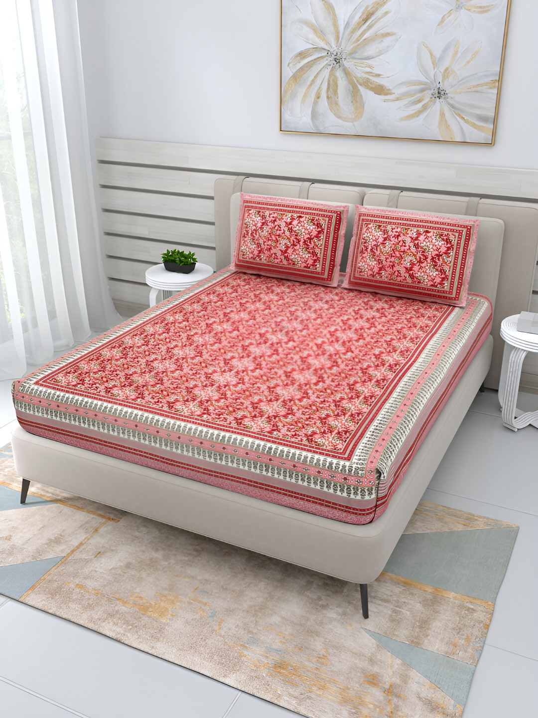 

PATRICKO Maroon Floral Cotton 210 TC Queen Bedsheet with 2 Pillow Covers