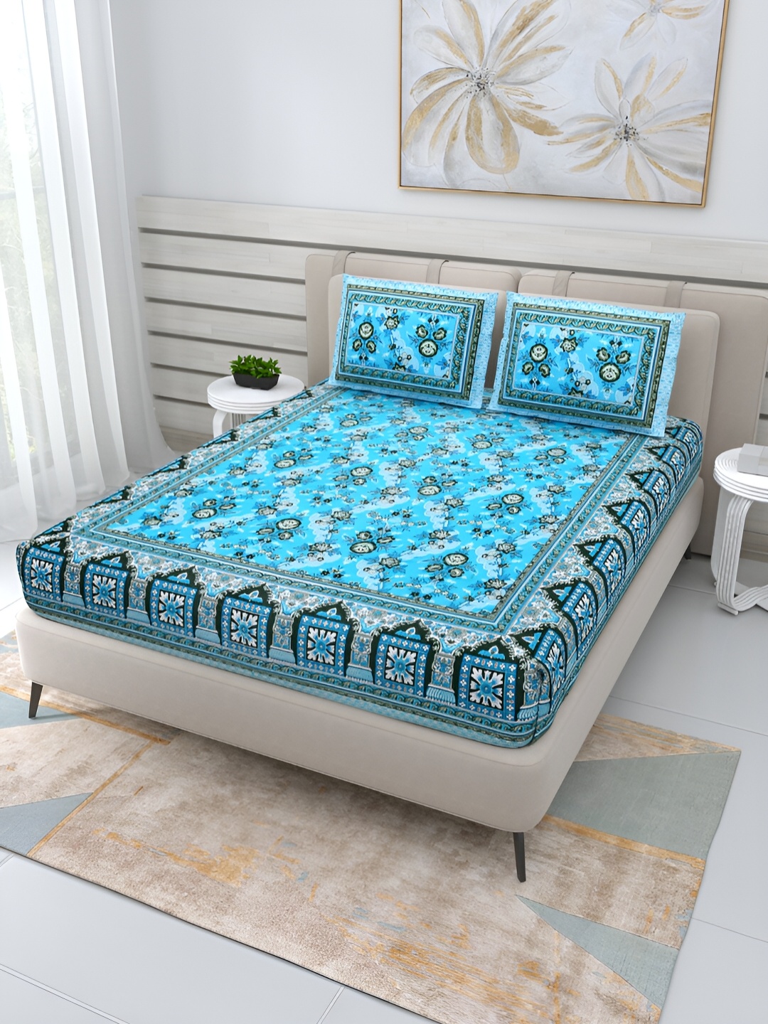 

PATRICKO Blue & Black Floral Flat 210 TC Cotton Queen Bedsheet with 2 Pillow Covers