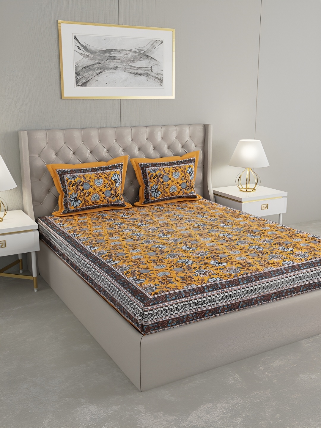 

PATRICKO Yellow Floral 330 TC Cotton King Bedsheet with 2 Pillow Covers