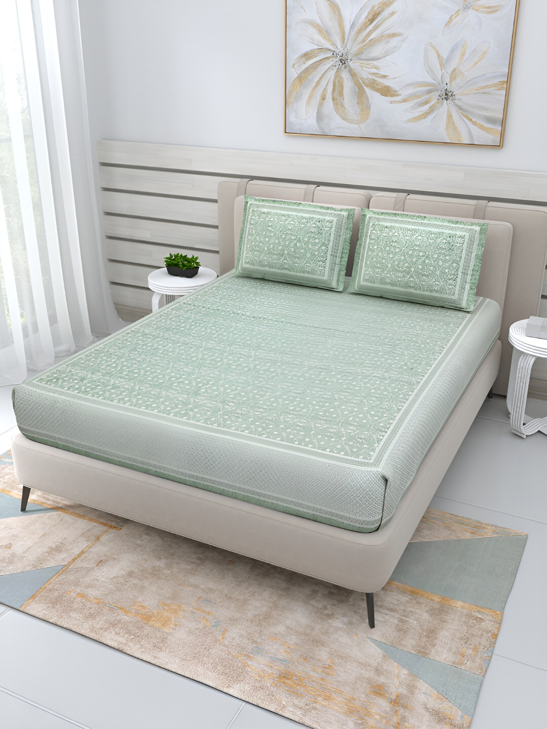 

PATRICKO Green & White Floral Cotton 210 TC Queen Bedsheet with 2 Pillow Covers