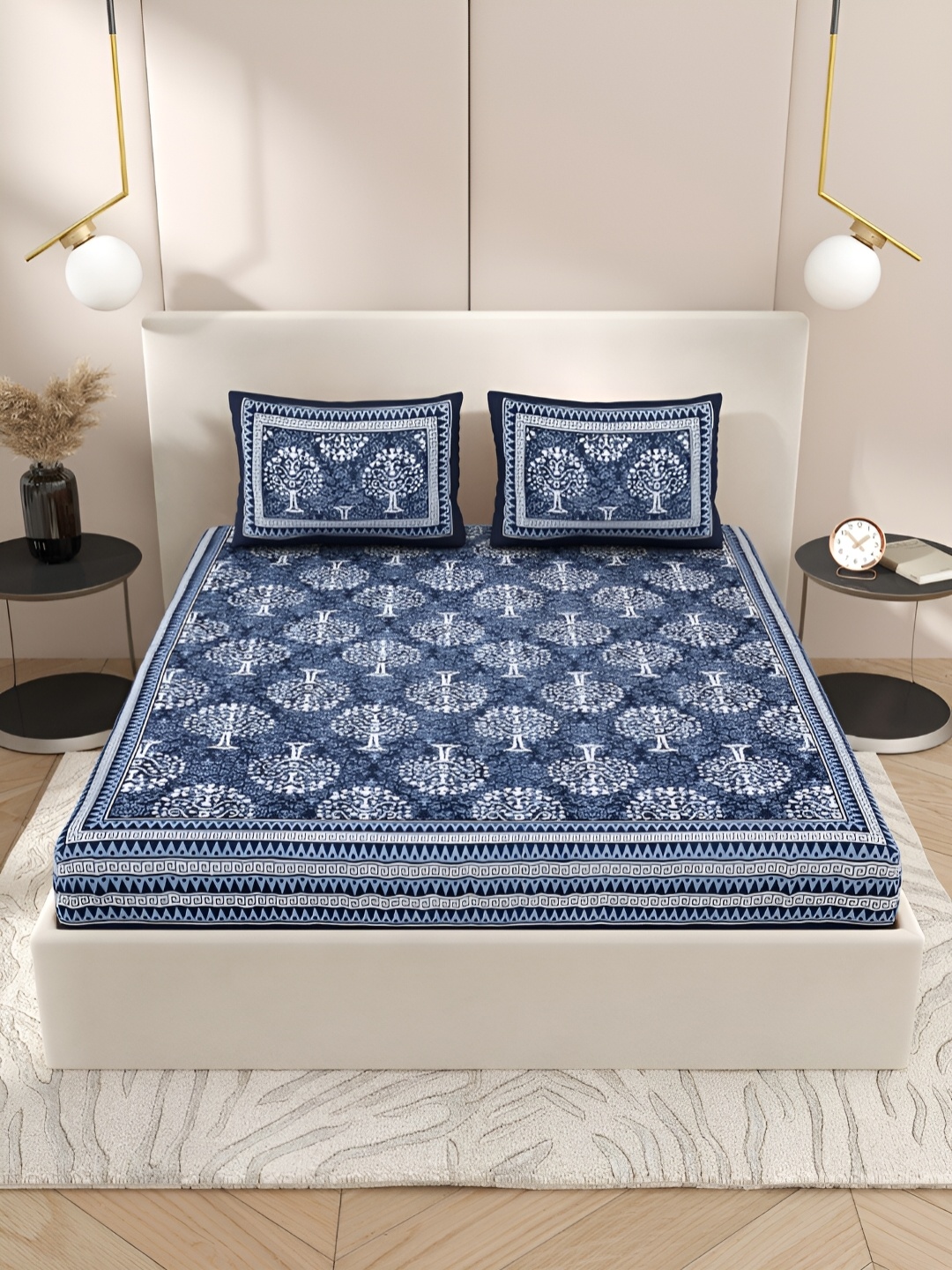 

PATRICKO Navy Blue & White Floral Cotton 210 TC Queen Bedsheet with 2 Pillow Covers