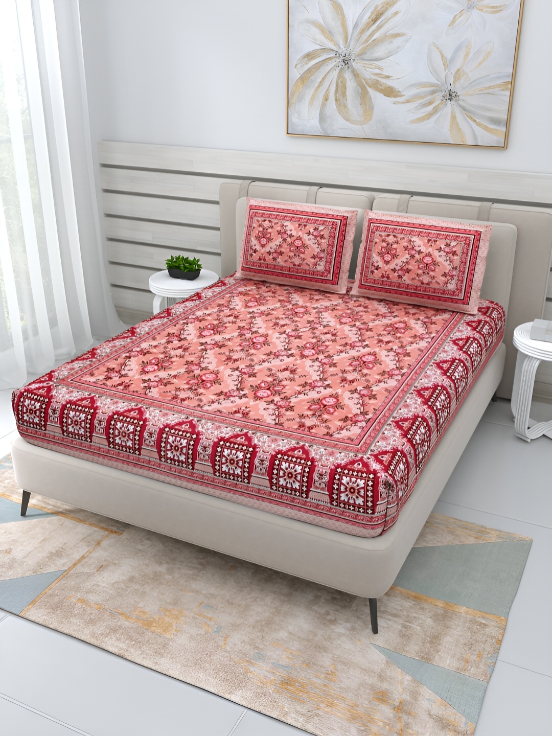 

PATRICKO Peach & White Floral Cotton 210 TC Queen Bedsheet with 2 Pillow Covers