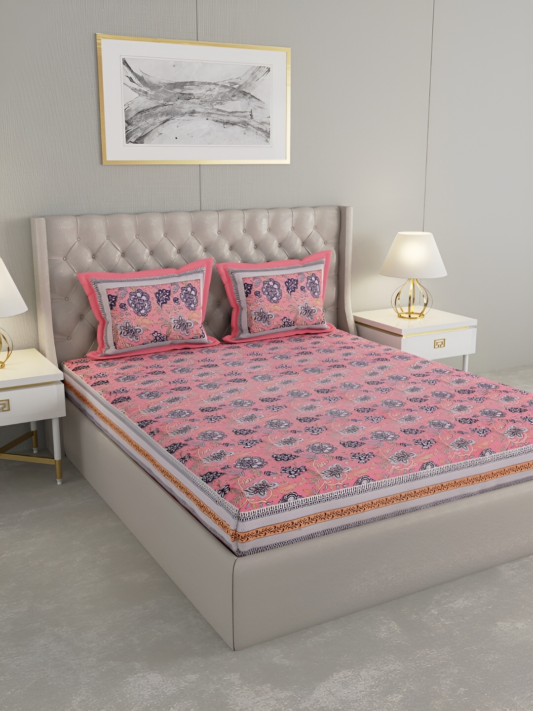 

PATRICKO Pink Floral Cotton 330 TC Super King Double Bedsheet with 2 Pillow Covers