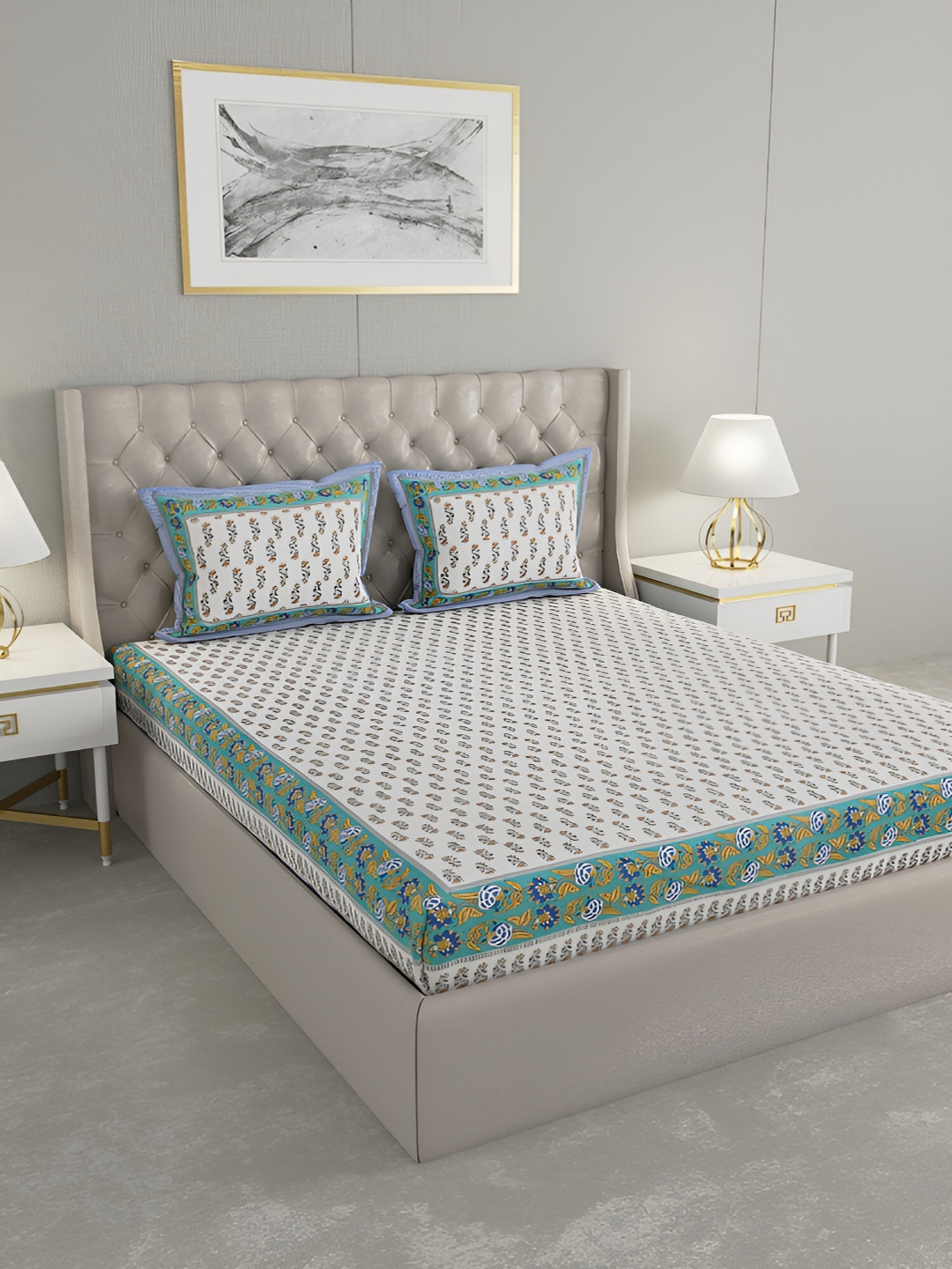

PATRICKO Blue & White Floral Printed Cotton 400 TC King Bedsheet with 2 Pillow Covers