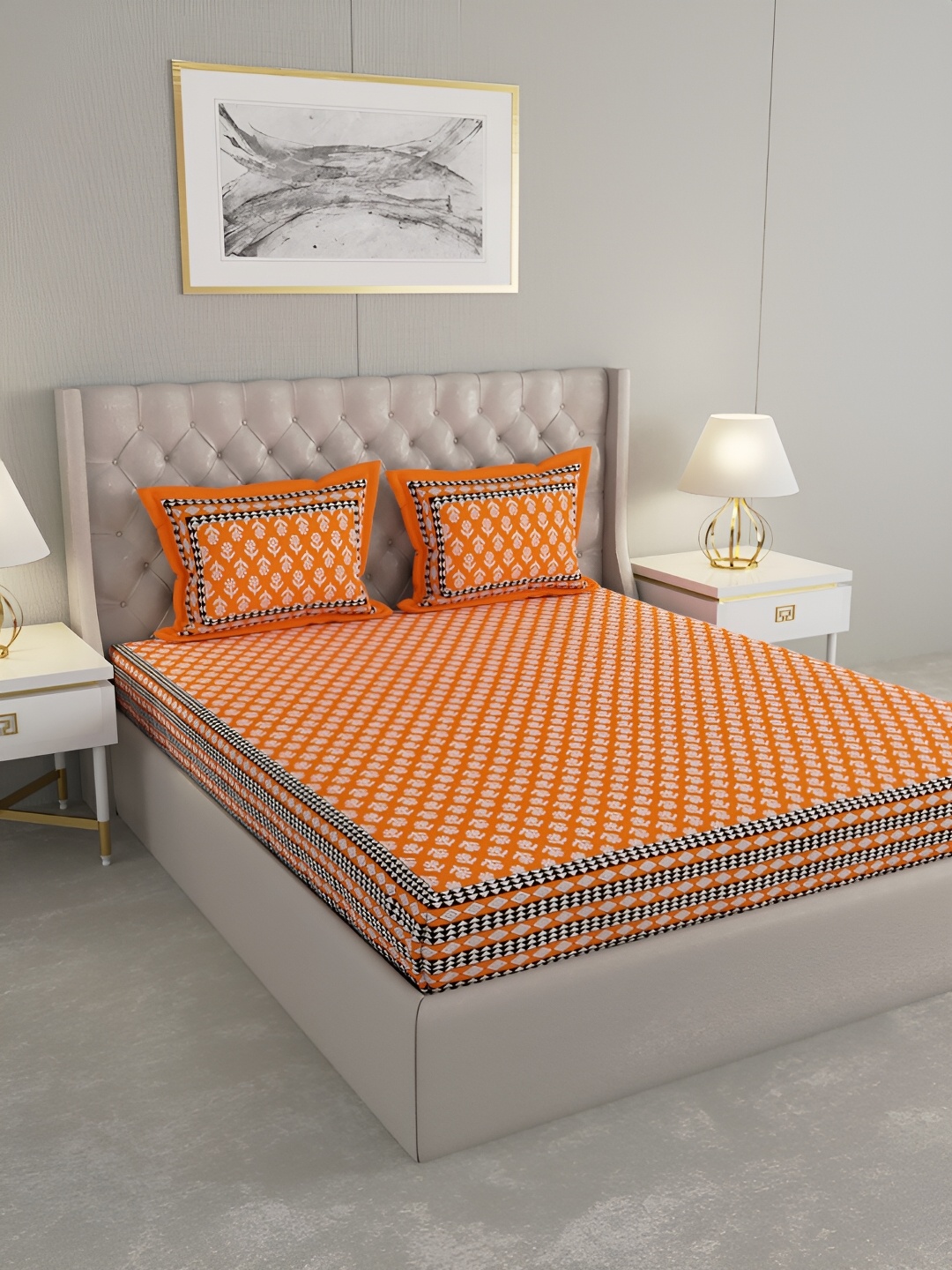 

PATRICKO Orange & White Floral Cotton 330 TC King Bedsheet with 2 Pillow Covers