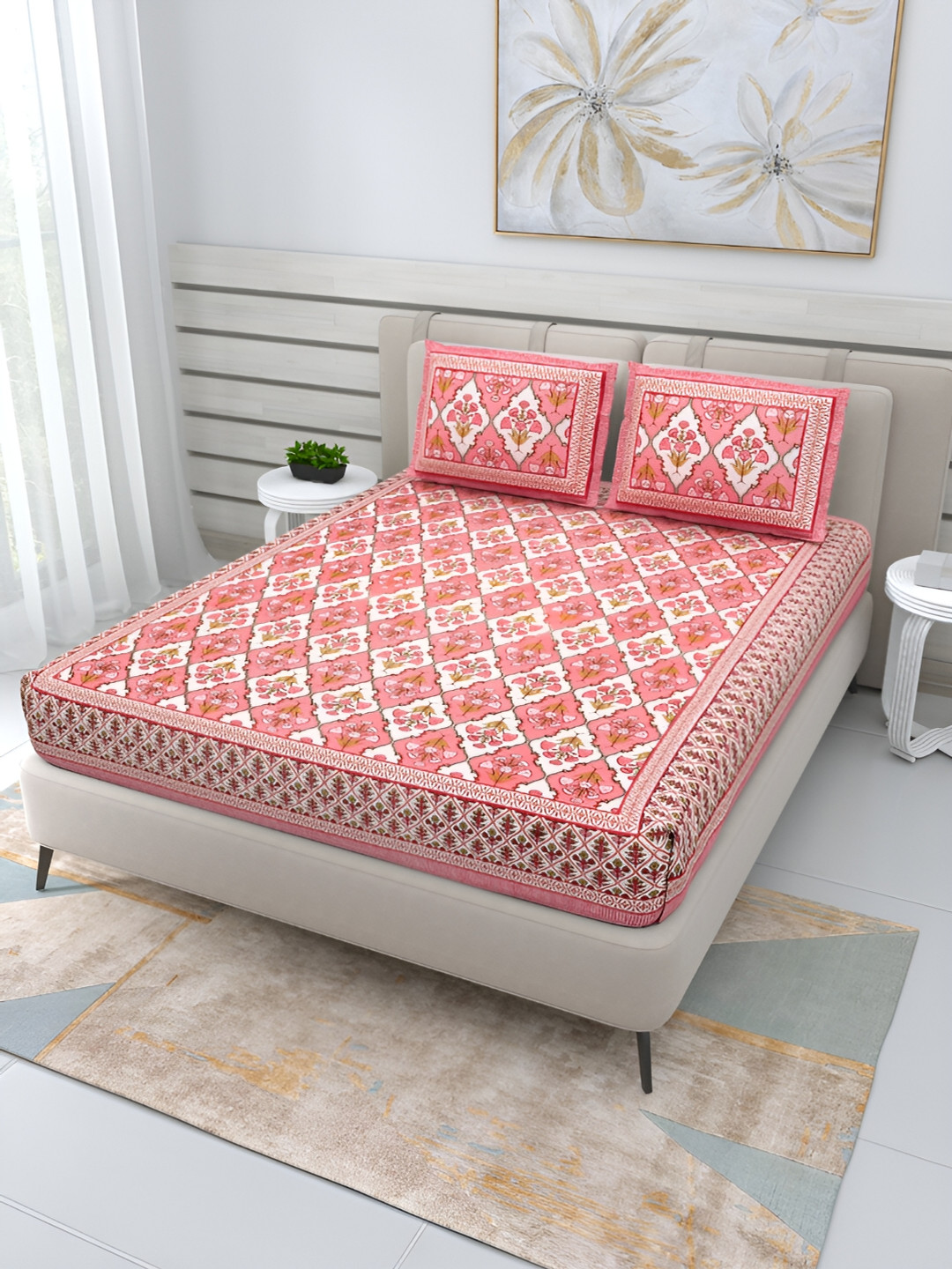 

PATRICKO Pink & White Floral 210 TC Cotton Queen Bedsheet with 2 Pillow Covers