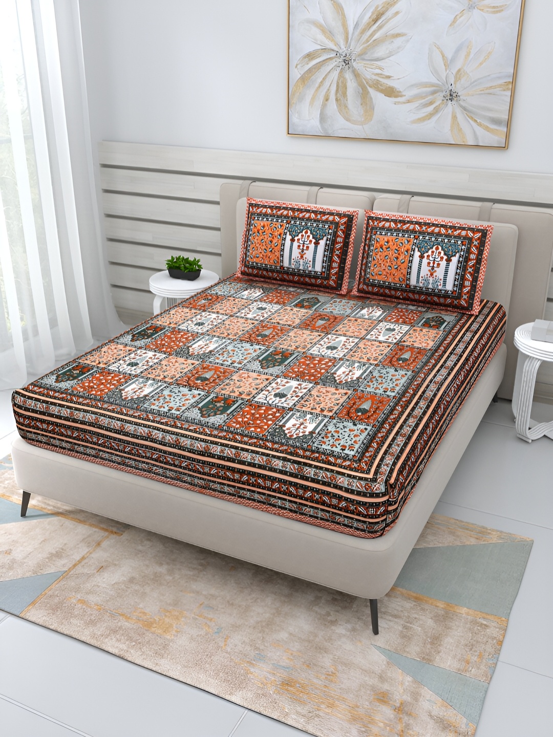 

PATRICKO Brown Floral Cotton 210 TC Queen Bedsheet with 2 Pillow Covers