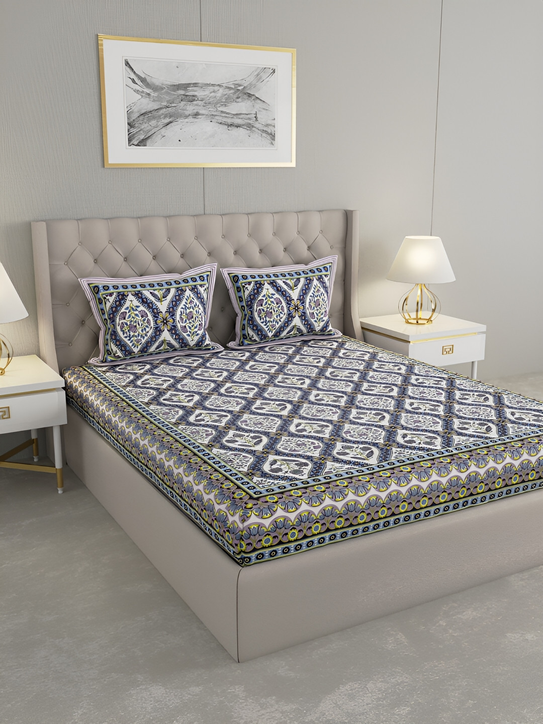

PATRICKO Navy Blue & White Floral 330 TC King Bedsheet with 2 Pillow Covers