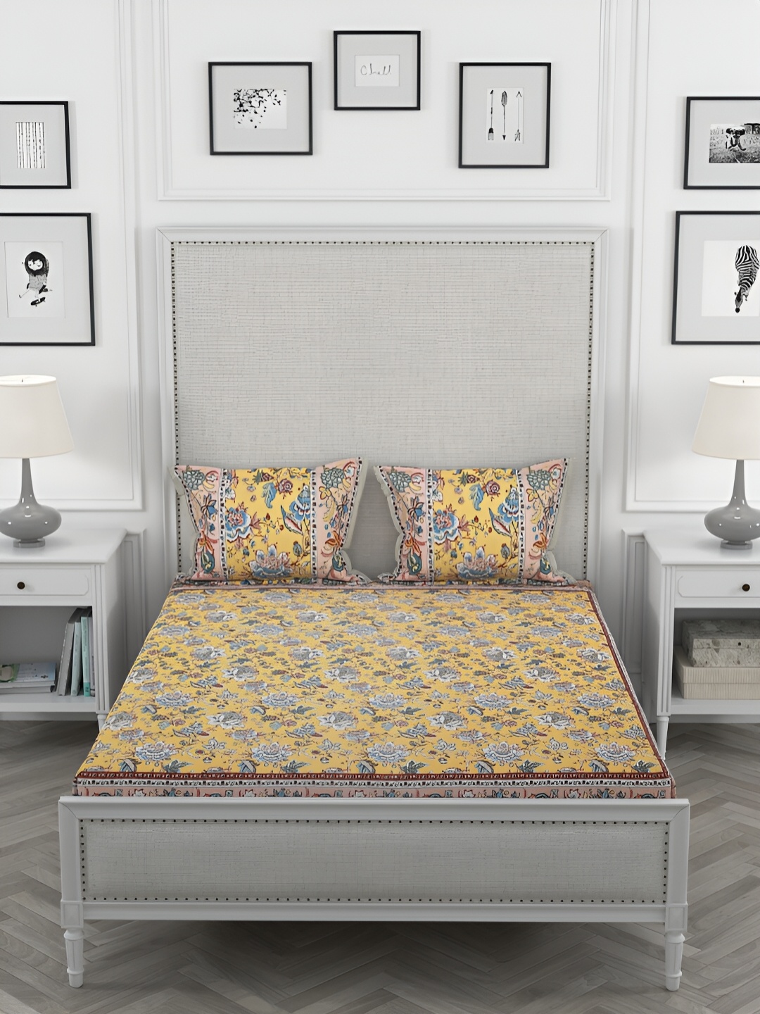 

PATRICKO Yellow & Grey Floral Cotton 330 TC King Bedsheet with 2 Pillow Covers