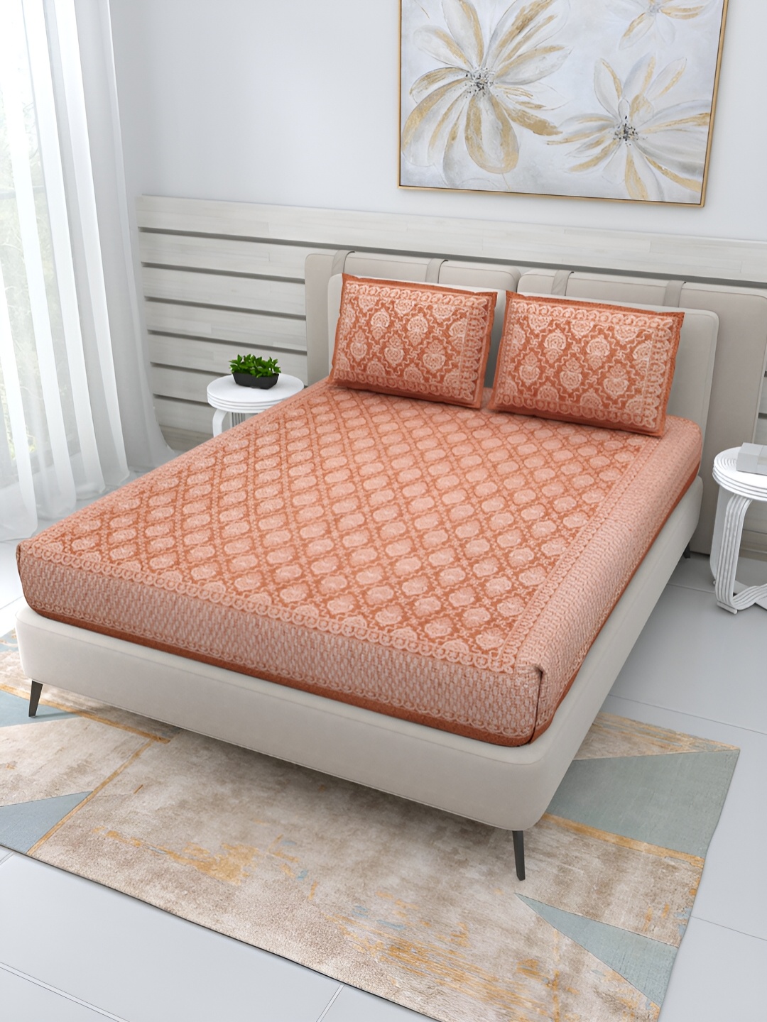 

PATRICKO Beige Floral 210 TC Cotton Queen Bedsheet With 2 Pillow Covers