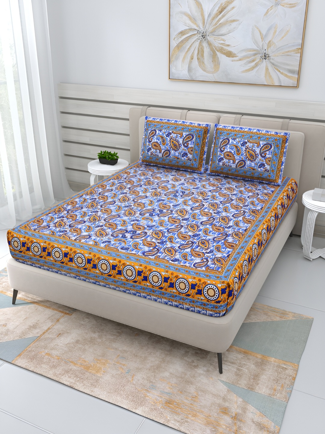 

PATRICKO Blue & White Floral Cotton 210 TC Queen Bedsheet With 2 Pillow Covers