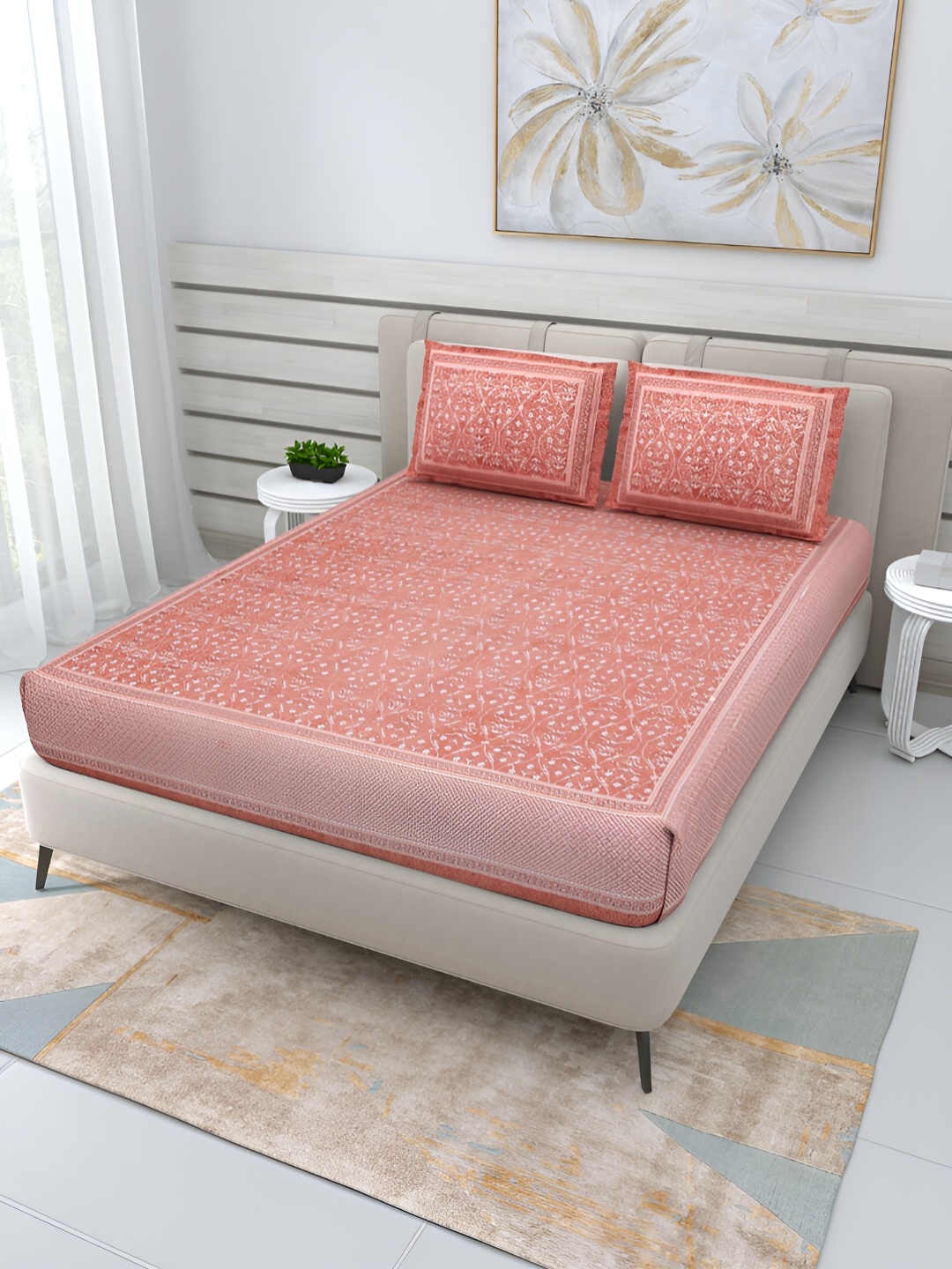 

PATRICKO Peach & White Floral 210 TC Queen Bedsheet with 2 Pillow Covers