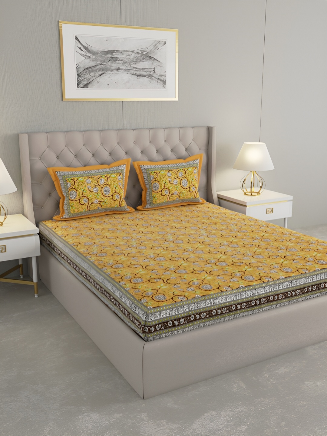 

PATRICKO Yellow & Green Floral Cotton 330 TC King Bedsheet with 2 Pillow Covers