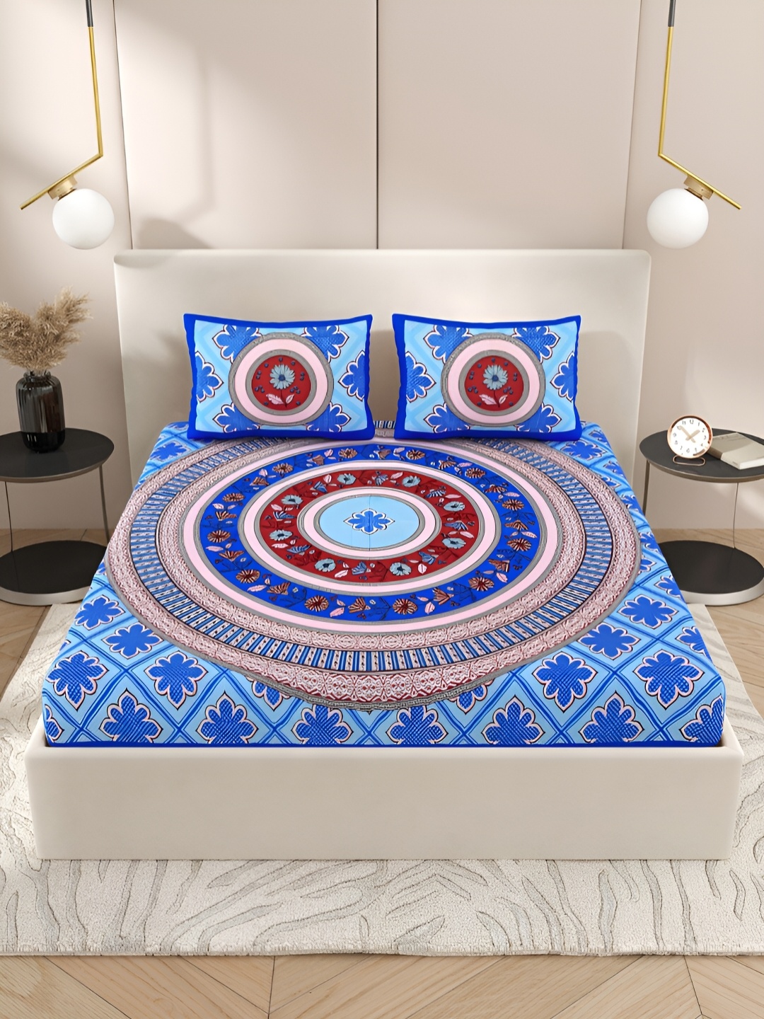 

PATRICKO Blue Floral 210 TC Cotton Queen Bedsheet with 2 Pillow Covers