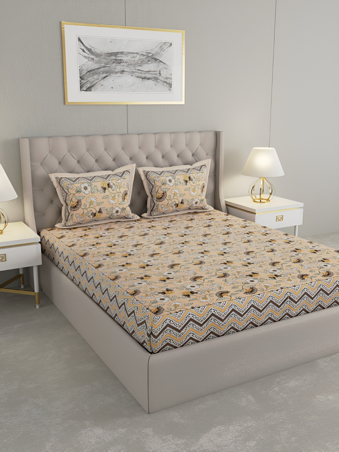 

PATRICKO Cream & White Floral 330 TC Cotton King Bedsheet With 2 Pillow Covers