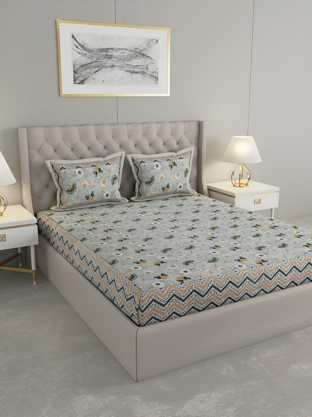 

PATRICKO Green Floral 330 TC Cotton King Bedsheet With 2 Pillow Covers