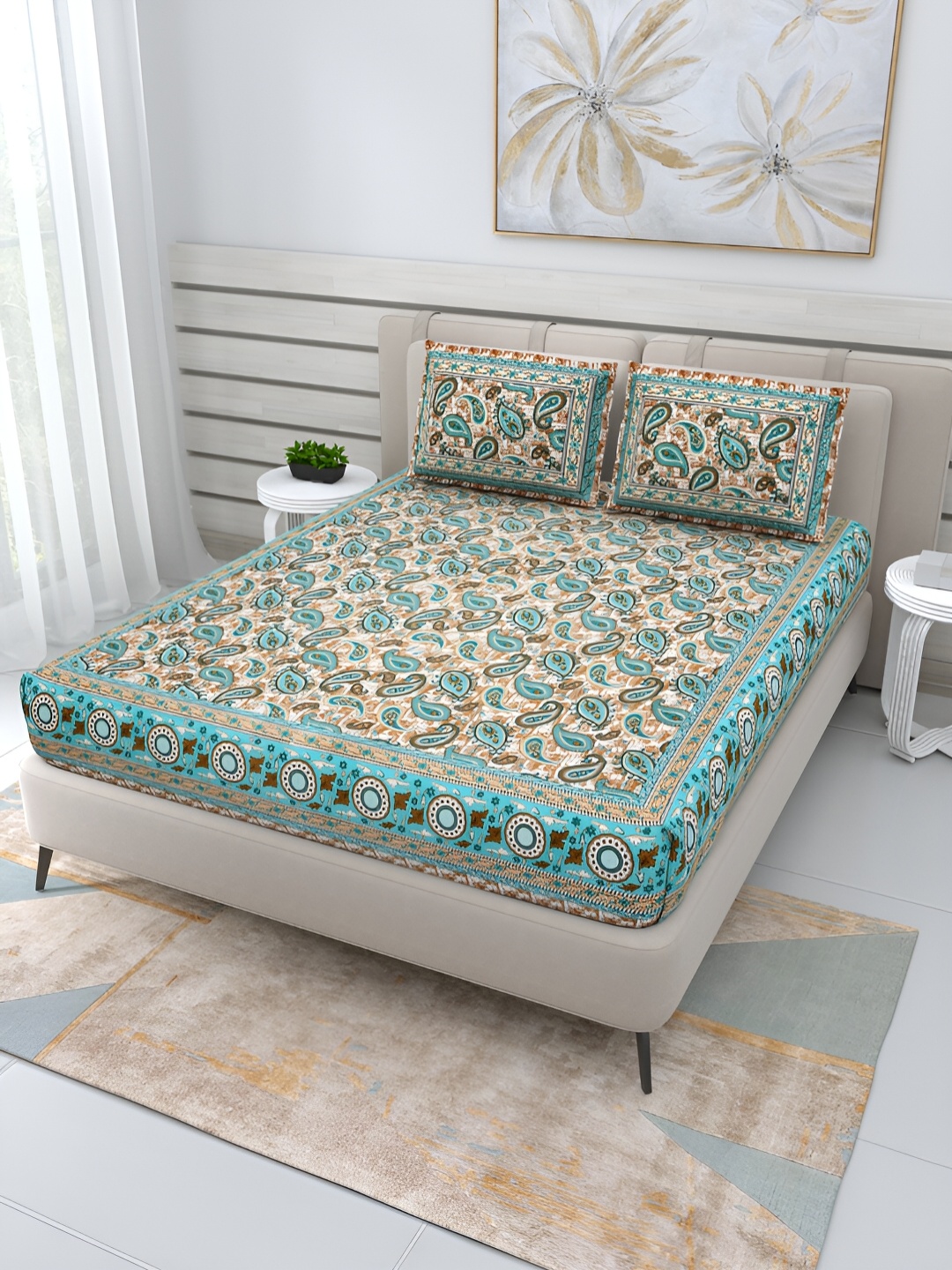 

PATRICKO Sea Green Floral 210 TC Pure Cotton Queen Bedsheet with 2 Pillow Covers