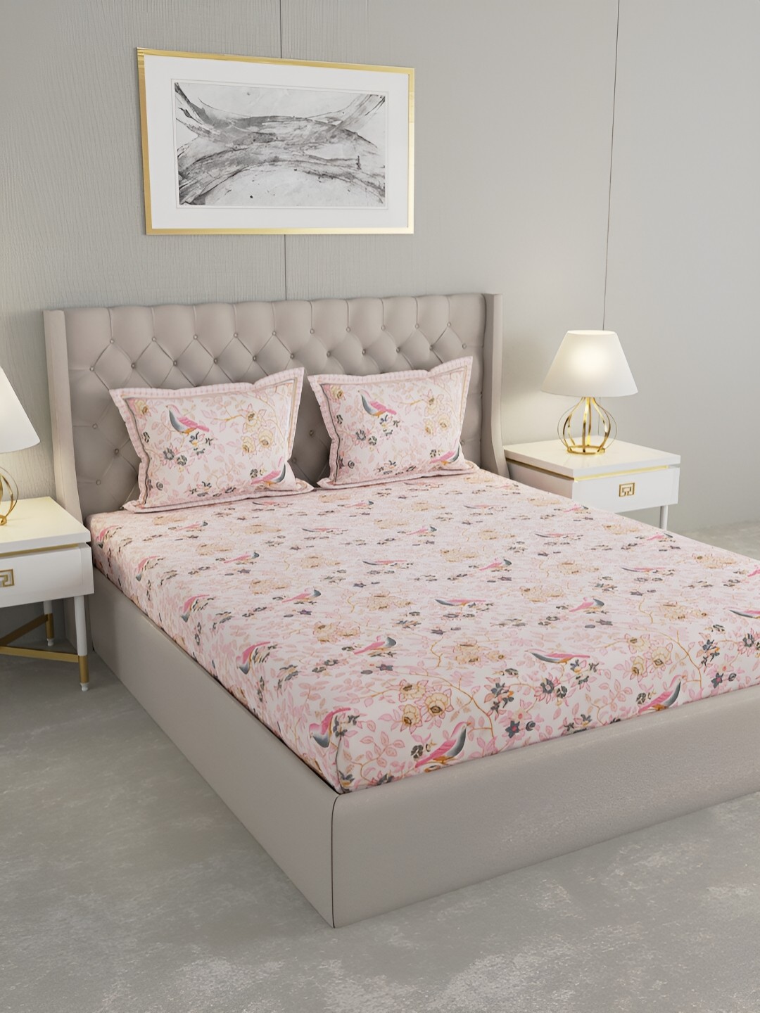 

PATRICKO Pink & White Floral Cotton 330 TC King Bedsheet with 2 Pillow Covers