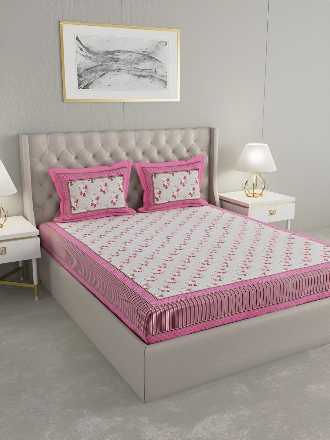 

PATRICKO Pink & White Floral 330 TC King Bedsheet with 2 Pillow Covers