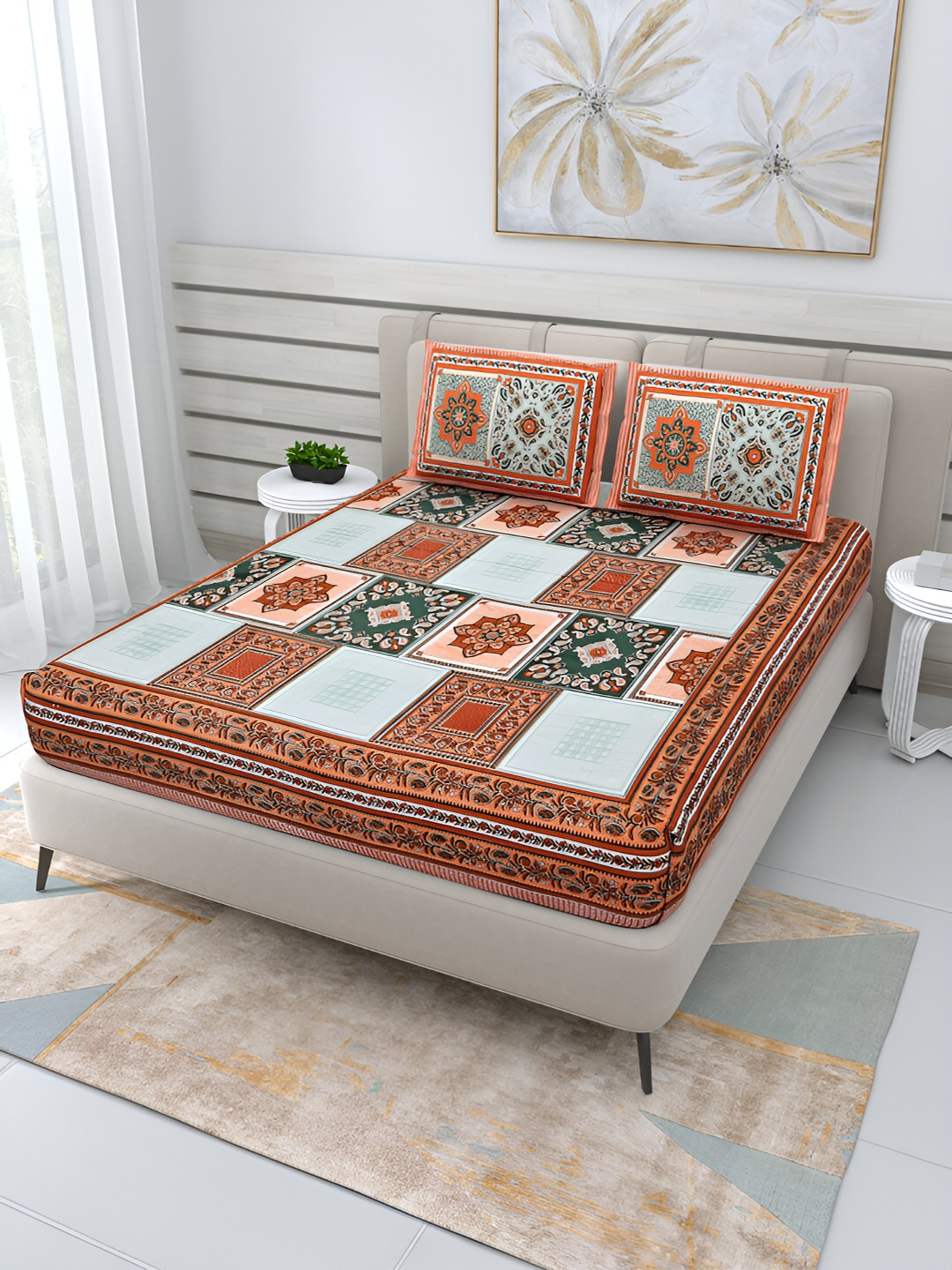 

PATRICKO Brown & White Floral 210 TC Cotton Queen Bedsheet with 2 Pillow Covers
