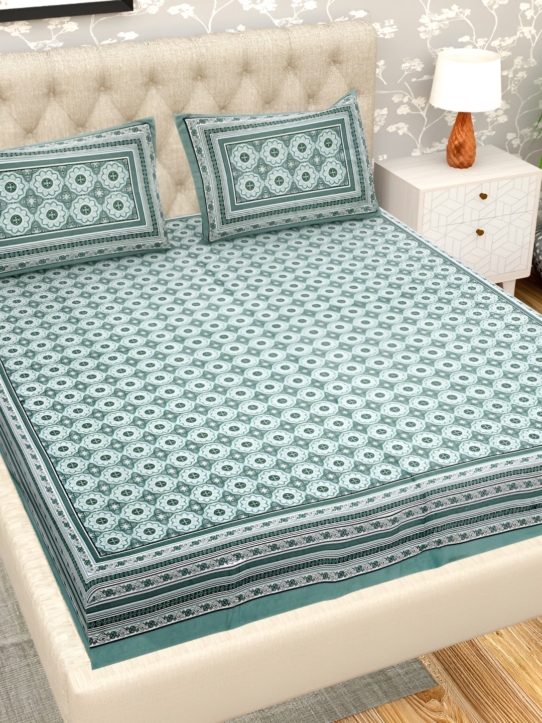 

PATRICKO Teal Blue Printed Cotton 330 TC Super King Double Bedsheet With 2 Pillow Covers