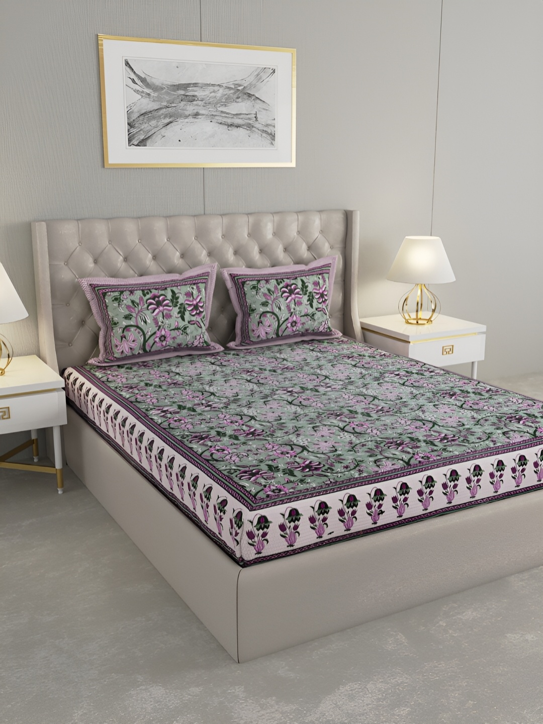 

PATRICKO Olive Green & Purple Floral 330 TC Cotton King Bedsheet with 2 Pillow Covers