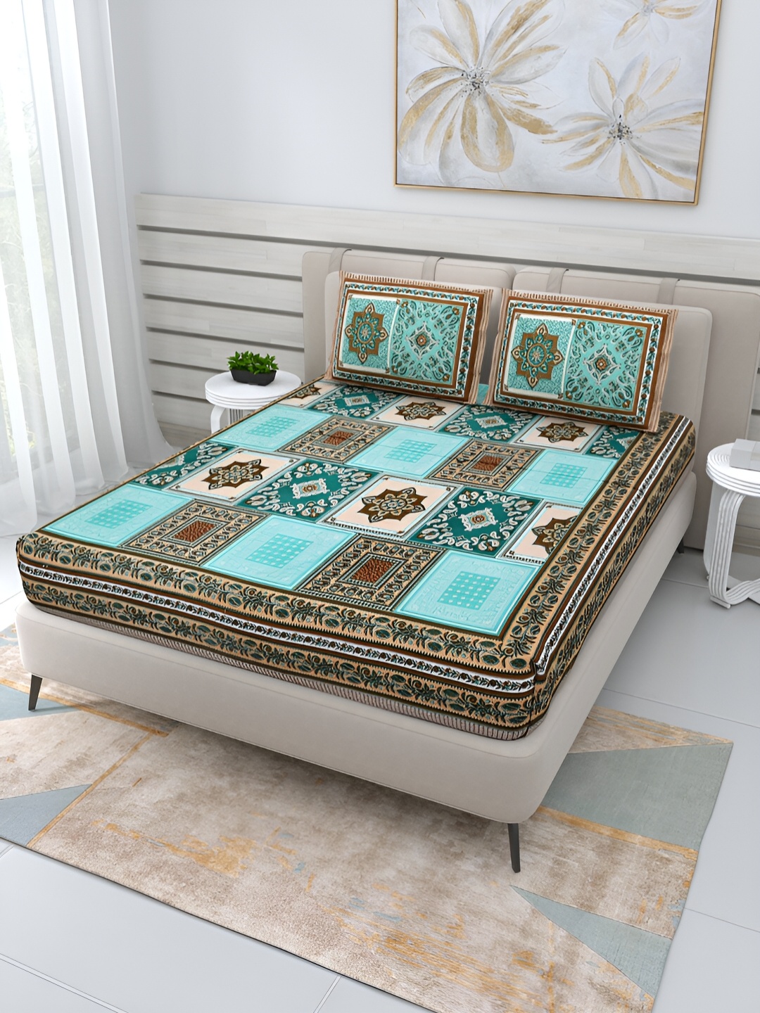 

PATRICKO Teal Ethnic Motifs 210 TC Queen Bedsheet with 2 Pillow Covers