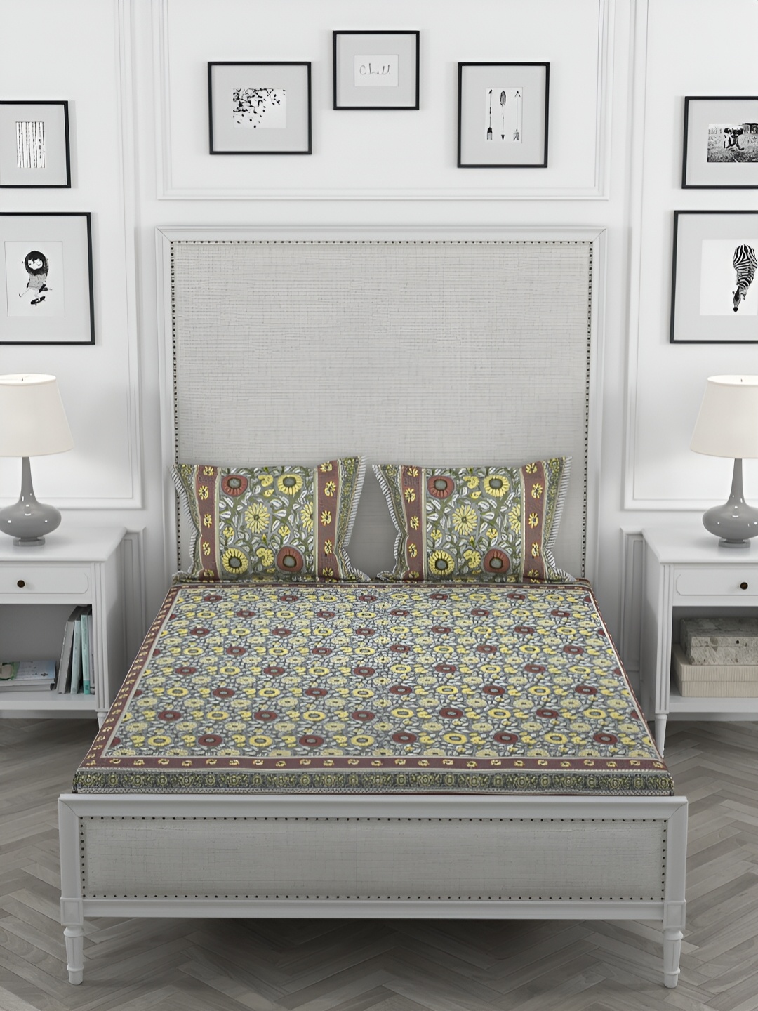 

PATRICKO Green & Yellow Floral Cotton 330 TC King Bedsheet with 2 Pillow Covers