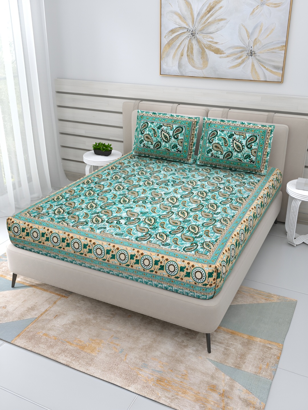 

PATRICKO Teal Green & Cream Floral Cotton 210 TC Queen Bedsheet With 2 Pillow Covers