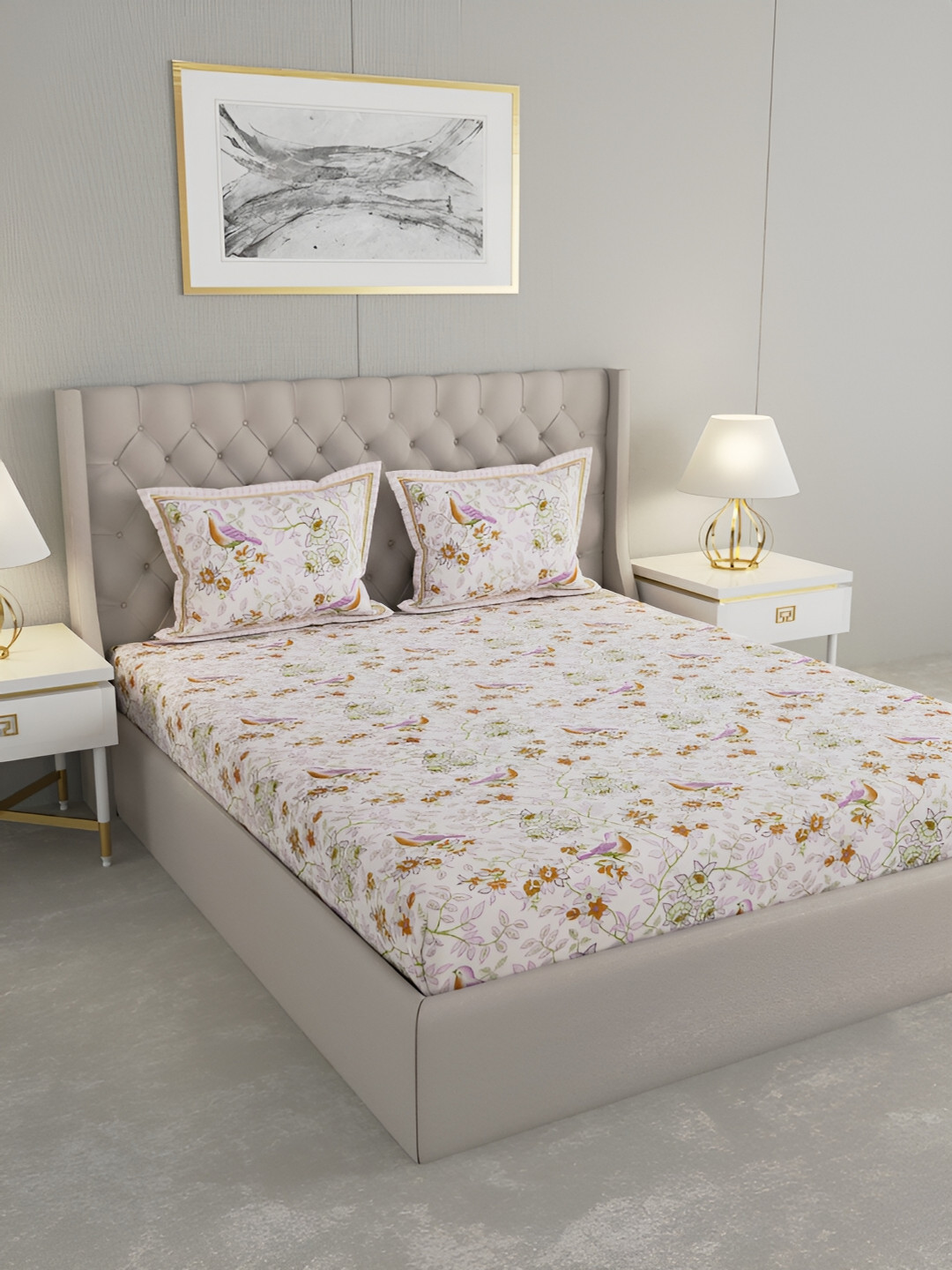 

PATRICKO Off White Floral Cotton 330 TC King Size Double Bedsheet with 2 Pillow Covers