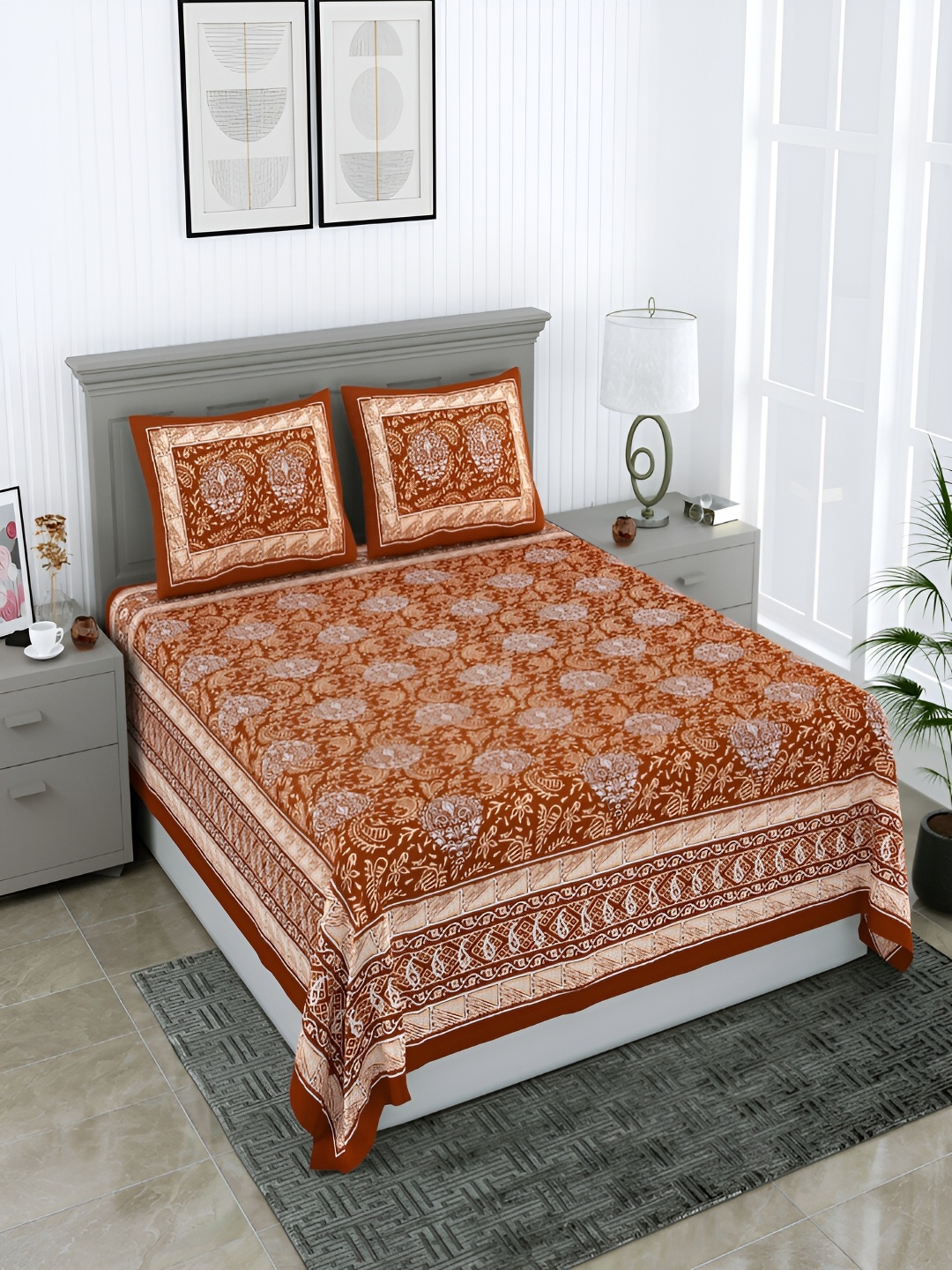 

PATRICKO Brown Floral 210 TC Cotton Queen Bedsheet with 2 Pillow Covers