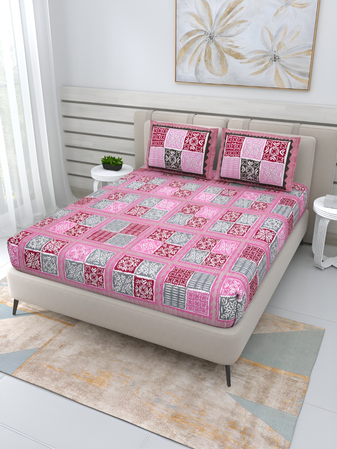 

PATRICKO Pink & Grey Floral 210 TC Queen Bedsheet with 2 Pillow Covers