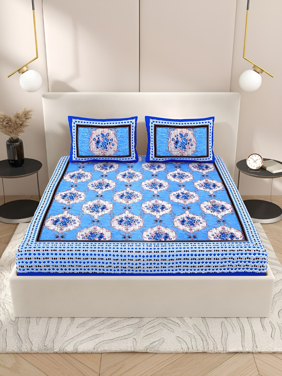

PATRICKO Blue & White Ethnic Motifs Cotton 210 TC Queen Bedsheet with 2 Pillow Covers