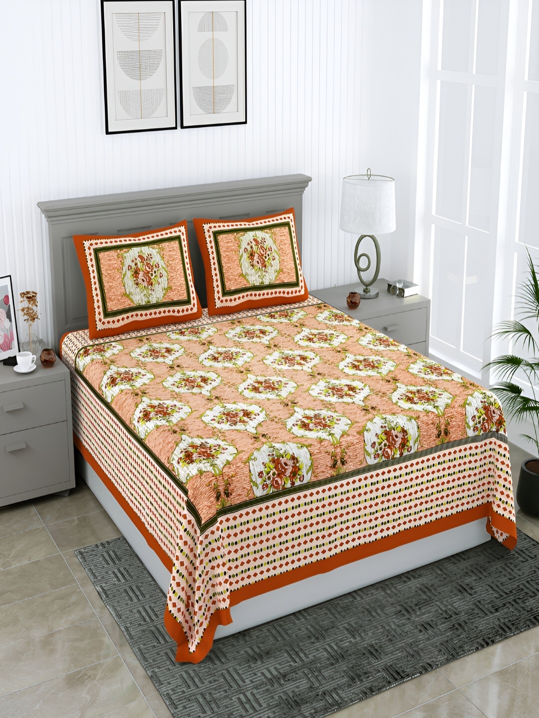 

PATRICKO Brown & White Floral 210 TC Cotton Queen Bedsheet With 2 Pillow Covers