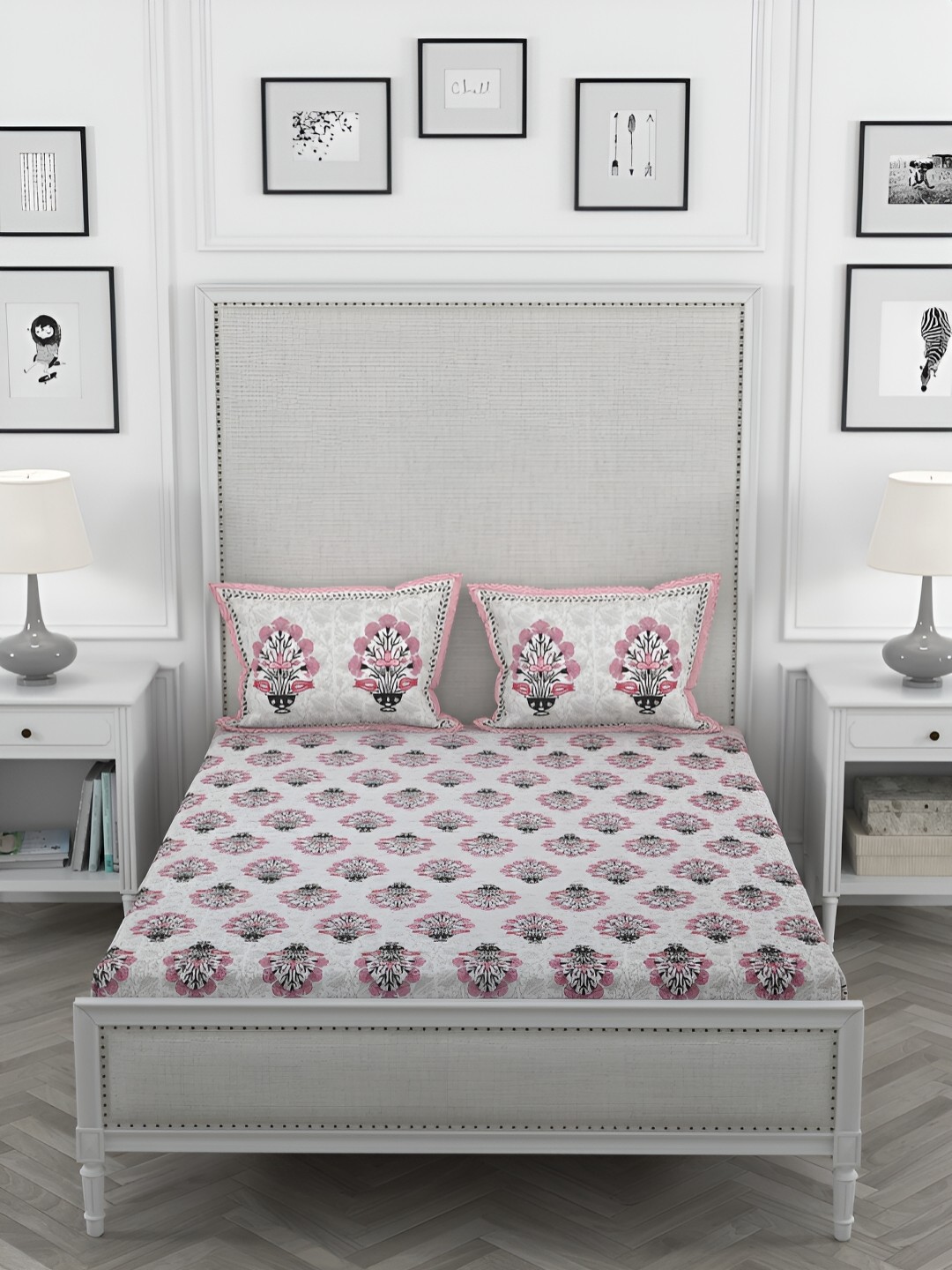 

PATRICKO White & Pink Floral Cotton 330 TC King Bedsheet with 2 Pillow Covers