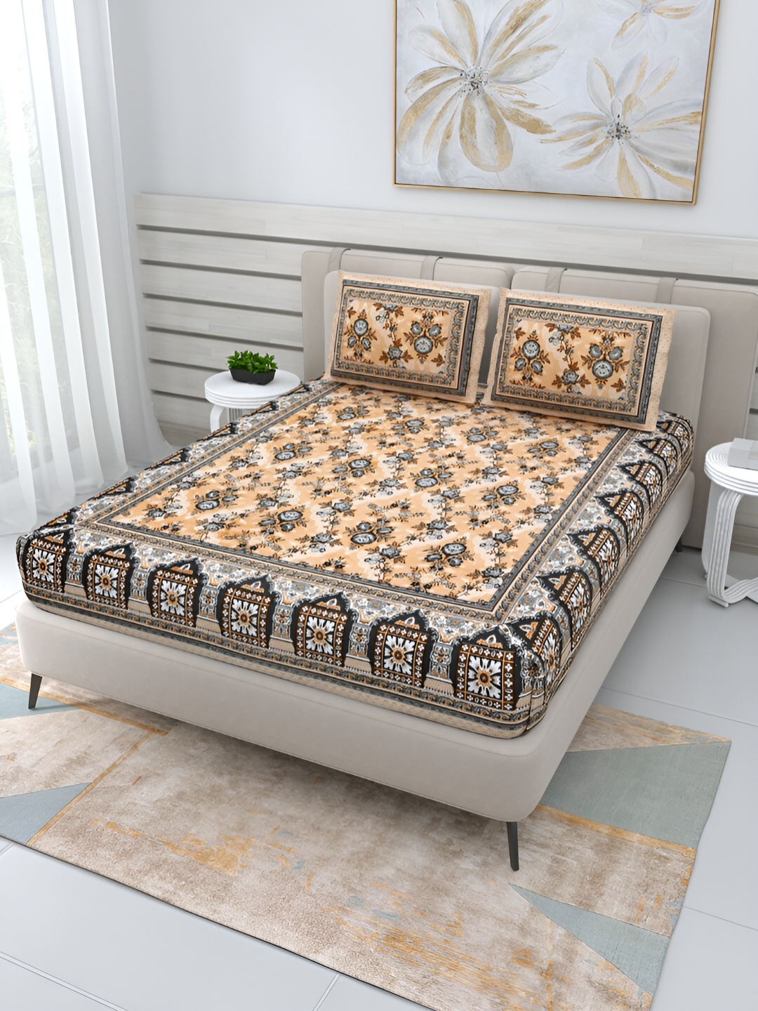 

PATRICKO Brown & Orange Floral 210 TC Cotton Queen Bedsheet with 2 Pillow Covers