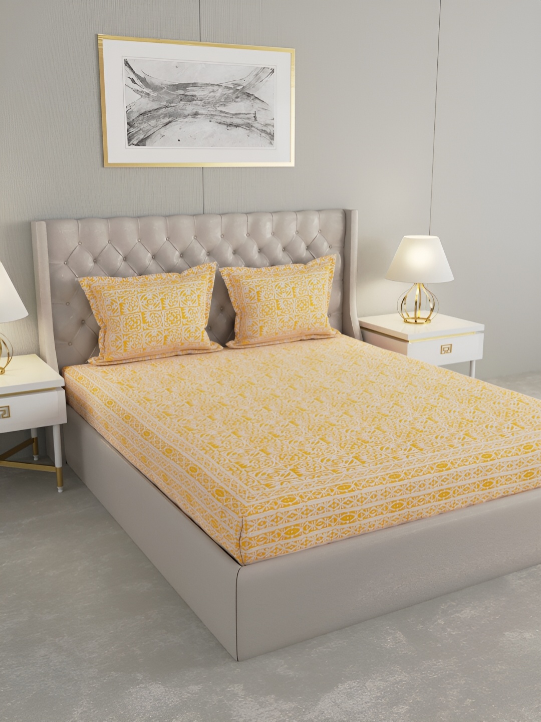 

PATRICKO Yellow & White Floral 330 TC Cotton King Bedsheet With 2 Pillow Covers