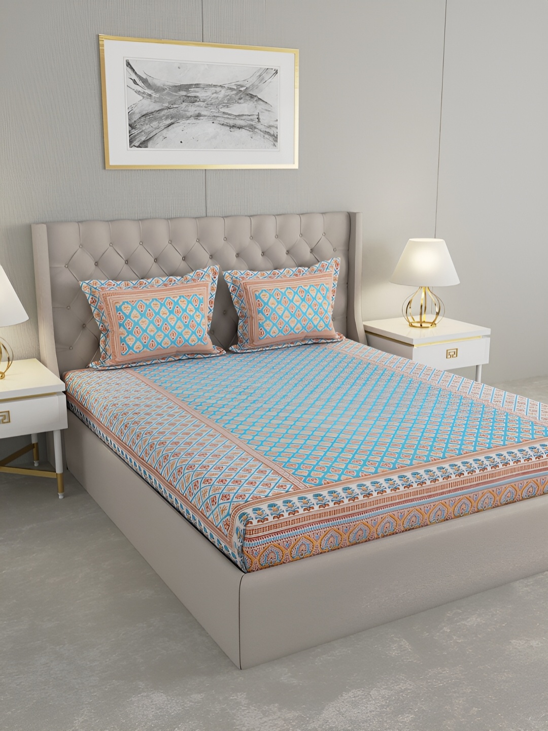 

PATRICKO Blue & White Floral Cotton 330 TC King Bedsheet With 2 Pillow Covers
