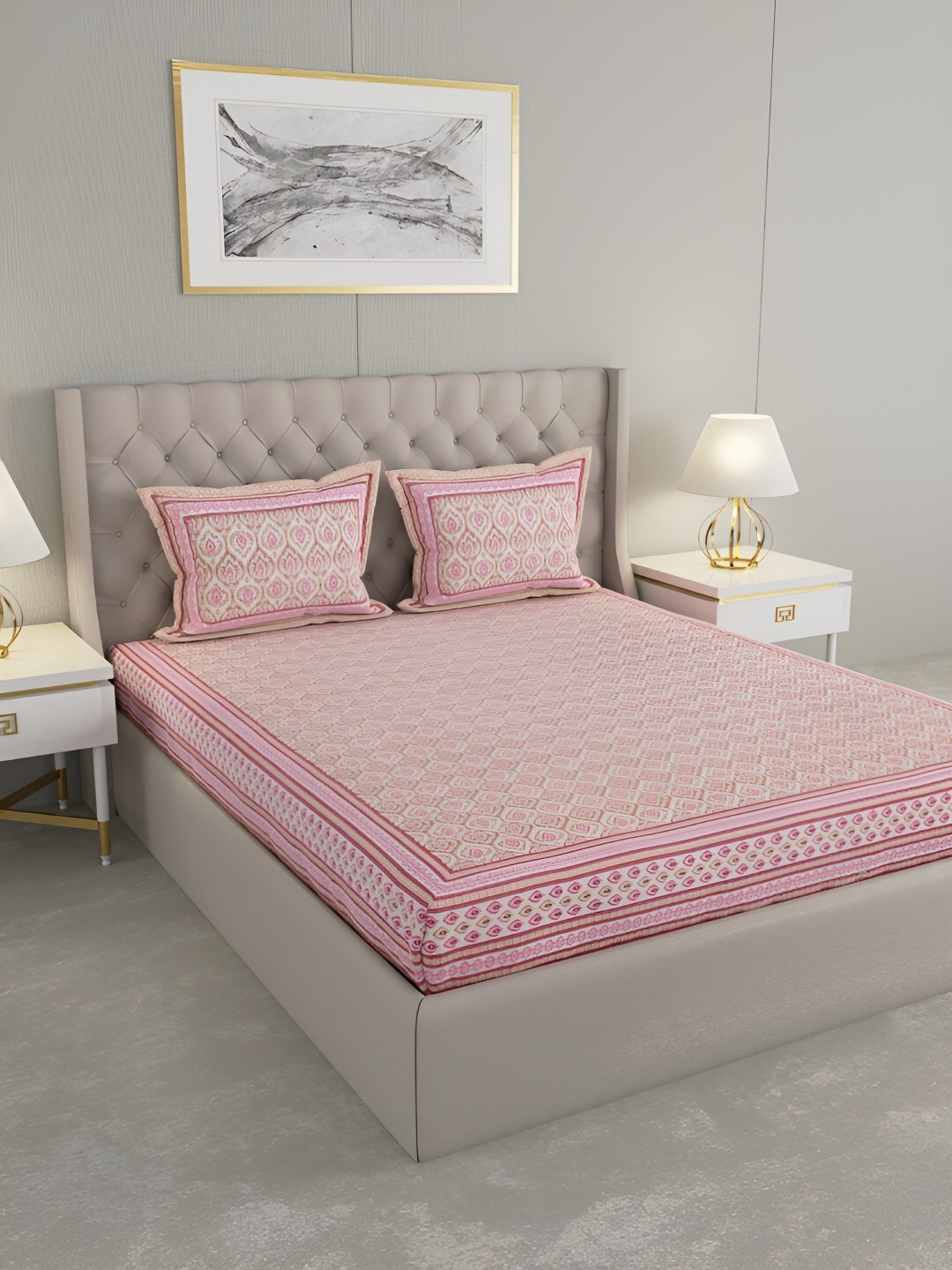 

PATRICKO Pink Floral Cotton 330 TC King Bedsheet With 2 Pillow Covers
