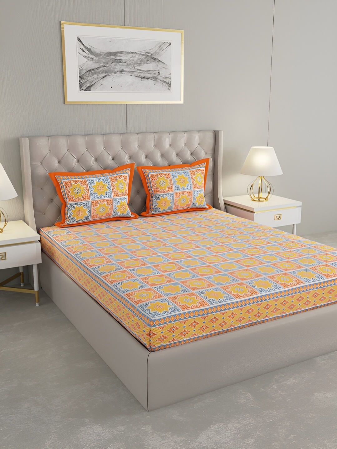 

PATRICKO Orange & White Floral Cotton 330 TC King Bedsheet with 2 Pillow Covers