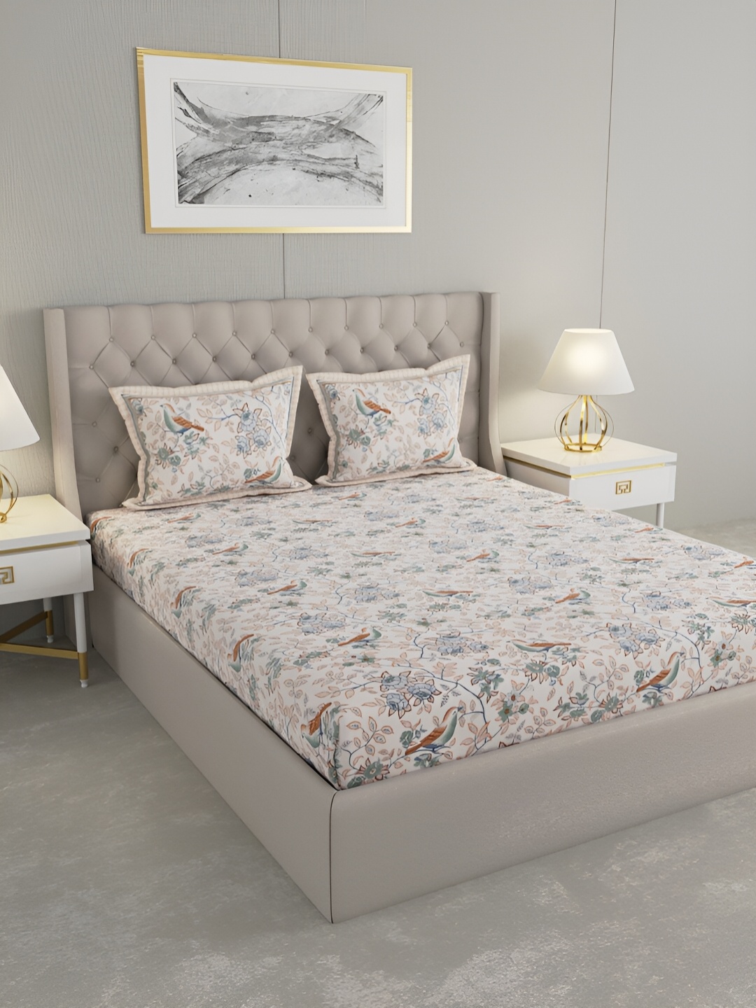 

PATRICKO Cream & Grey Floral Flat 330 TC Cotton King Bedsheet with 2 Pillow Covers