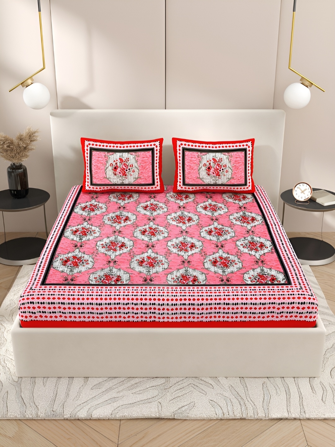 

PATRICKO Pink & White Floral Cotton 210 TC Queen Bedsheet with 2 Pillow Covers